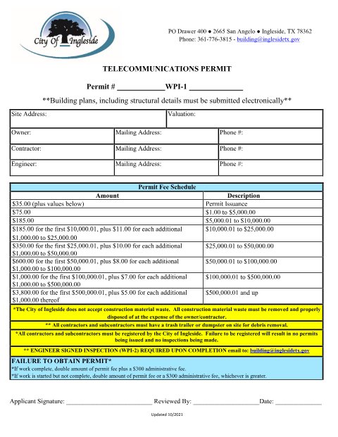 First page of the Telecommunications Permit Application