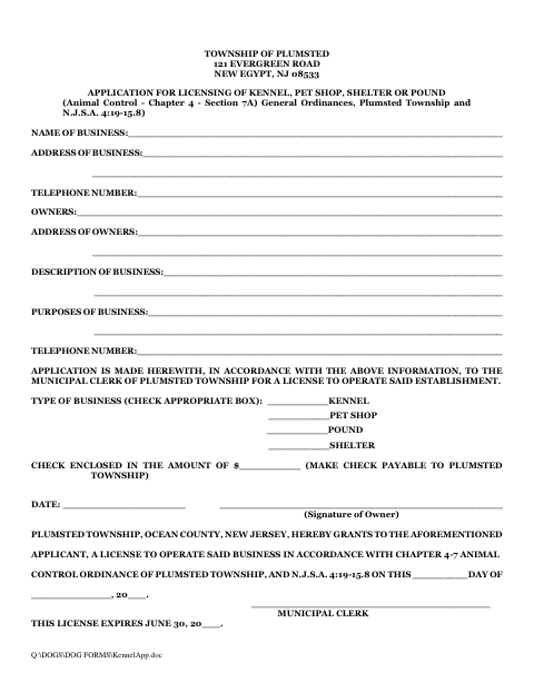 First page of the Application for Licensing of Kennel, Pet Shop, Shelter or Pound