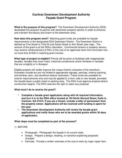 First page of the Downtown Development Authority Façade Grant Application
