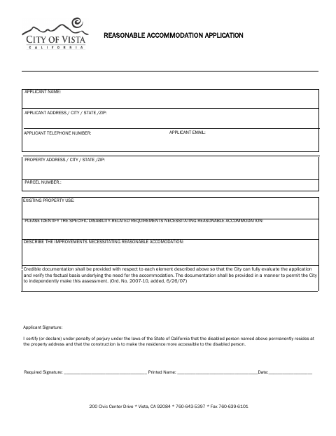 First page of the Reasonable Accommodation Application