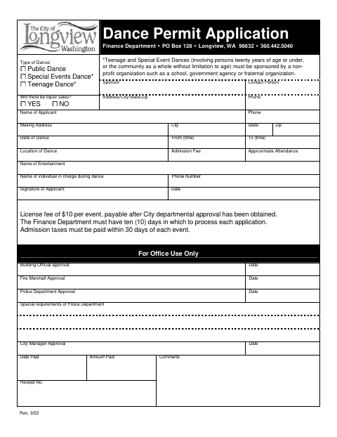 First page of the Dance Permit Application
