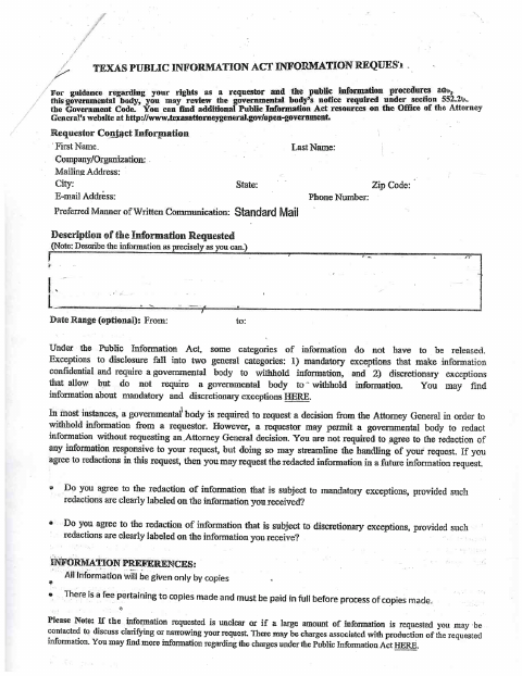 First page of the Public Information Request Form