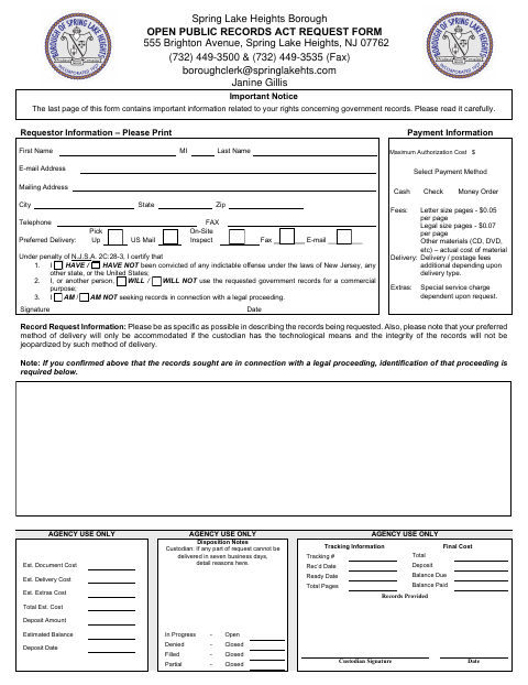 First page of the Open Public Records Act Request Form