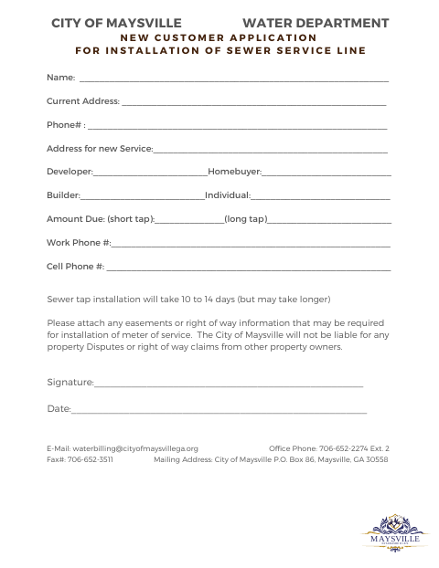 First page of the New Customer Application for Installation of Sewer Service Line