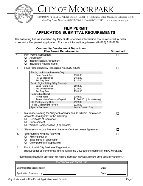 First page of the Film Permit Application and Checklist