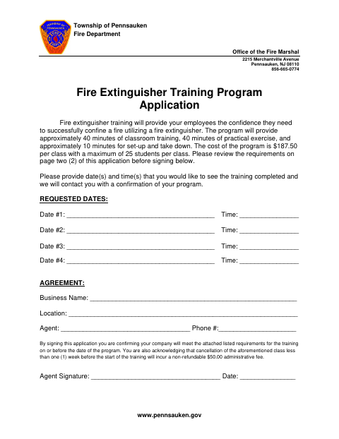 First page of the Fire Extinguisher Training Program Application