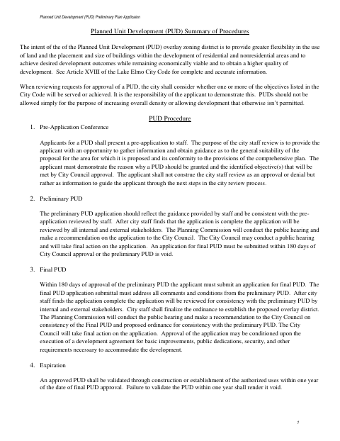 First page of the Planned Unit Development Preliminary Plan Application