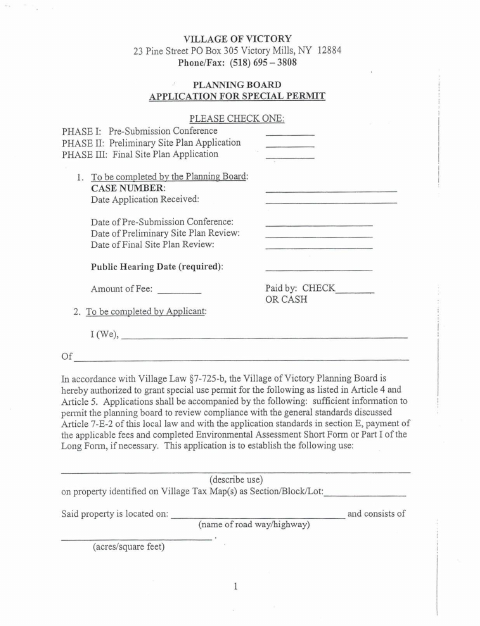 First page of the Planning Board Application for Special Permit