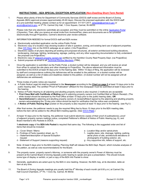 First page of the Non-Dwelling Short-Term Rental Special Exception Application