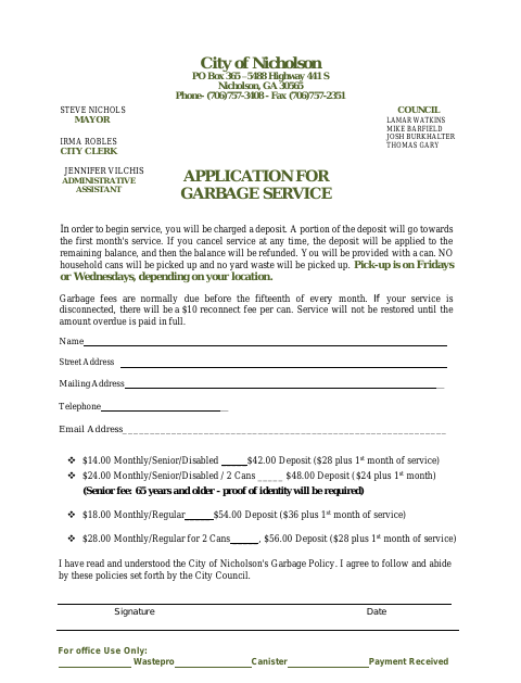First page of the Application for Garbage Service