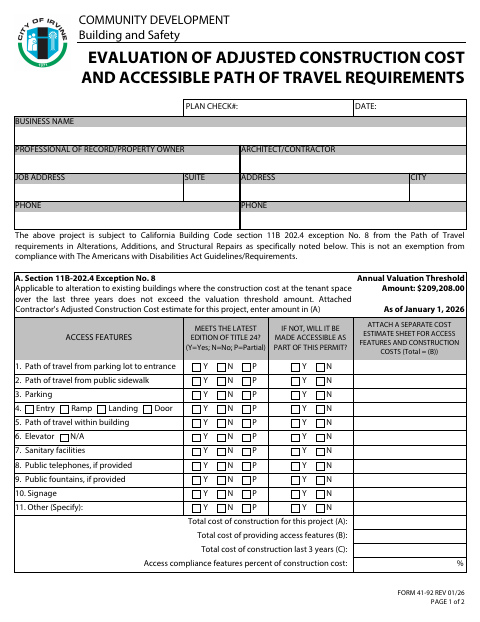 First page of the Evaluation of Adjusted Construction Cost and Accessible Path of Travel Requirements