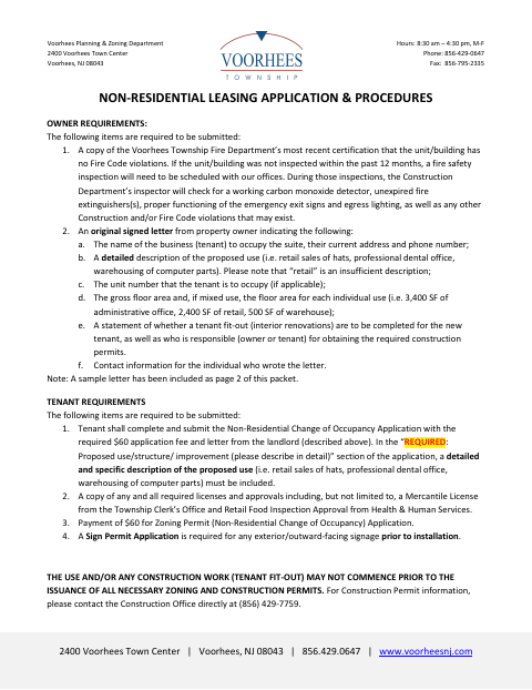 First page of the Non-Residential Leasing Application & Procedures