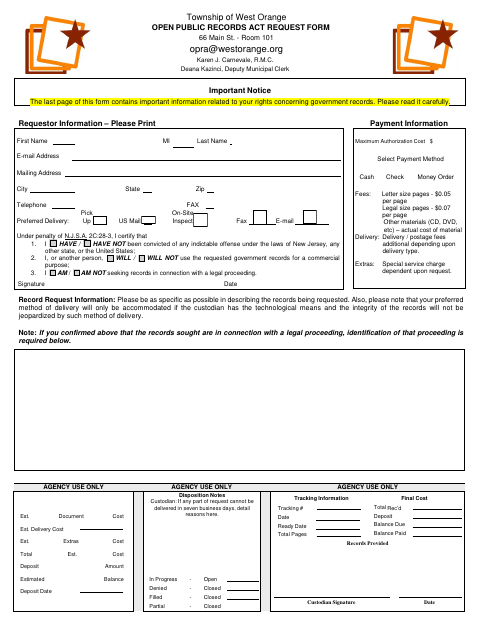 First page of the Open Public Records Act Request Form