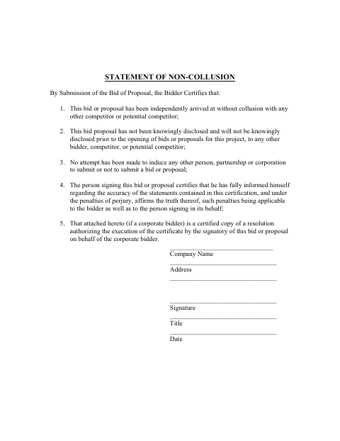 First page of the Statement of Non-Collusion