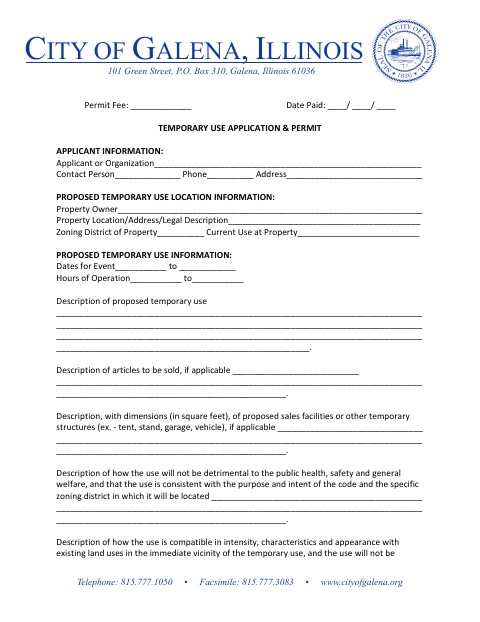 First page of the Temporary Use Application & Permit