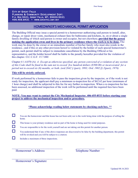 First page of the Homeowner's Mechanical Permit Application