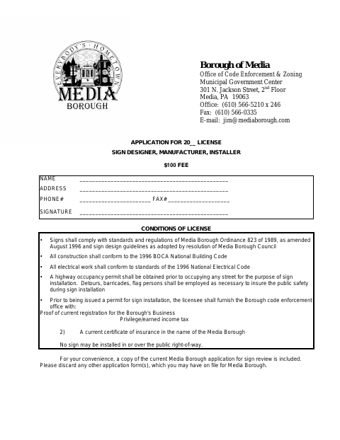 First page of the Sign Designer, Manufacturer, Installer License Application