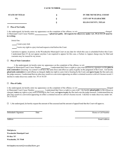 First page of the Municipal Court Plea Sheet