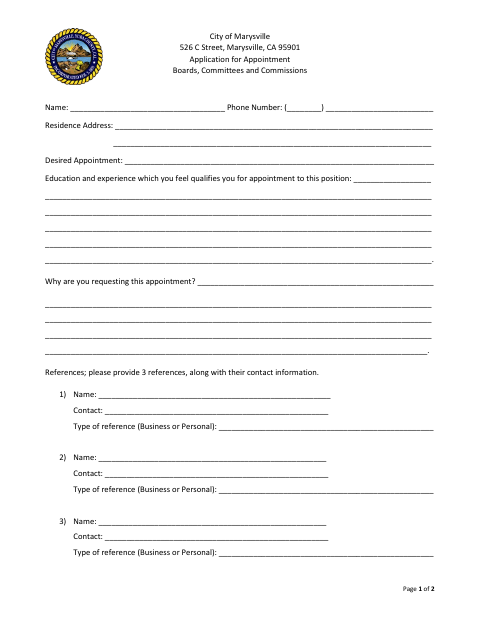 First page of the Application for Appointment to Boards, Committees and Commissions