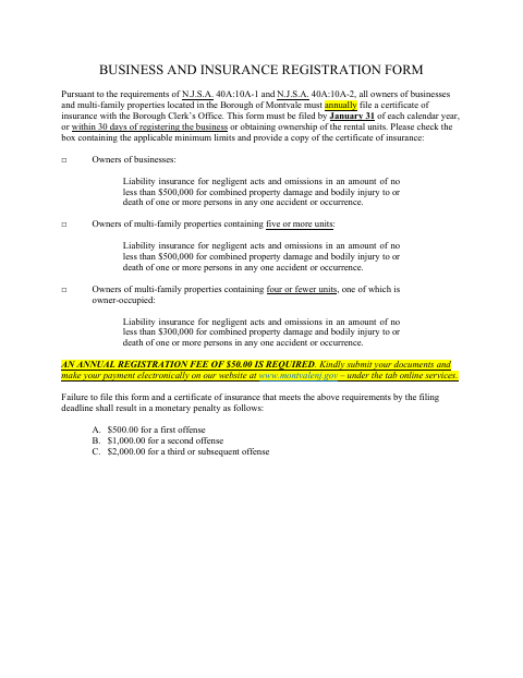 First page of the Business and Insurance Registration Form