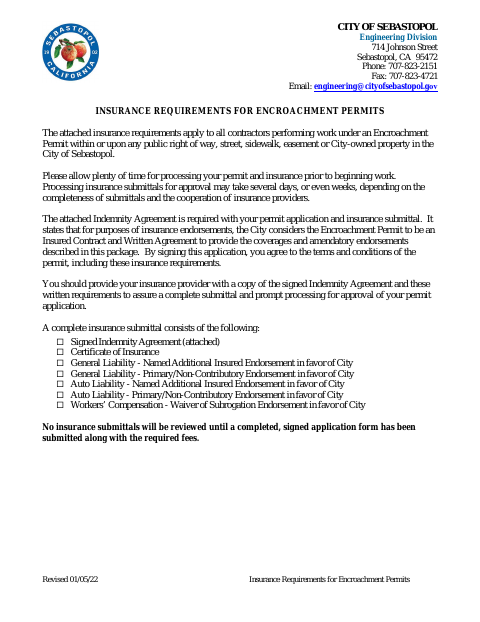 First page of the Indemnity Agreement and Acknowledgment of Insurance Requirements
