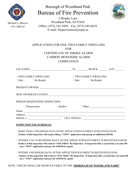 First page of the Application for One-Two Family Dwelling Smoke and Carbon Monoxide Alarm Compliance