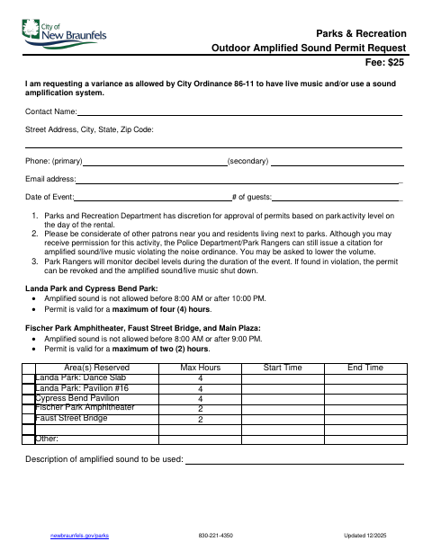 First page of the Outdoor Amplified Sound Permit Request