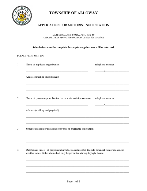 First page of the Application for Motorist Solicitation (Coin Drop)