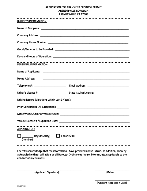 First page of the Transient Business Permit Application