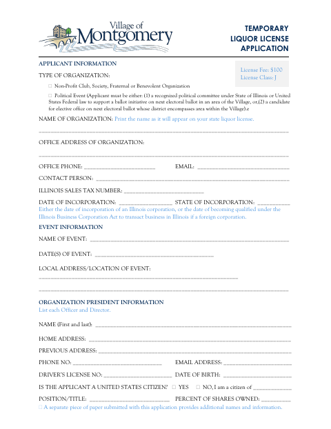 First page of the Temporary Liquor License Application