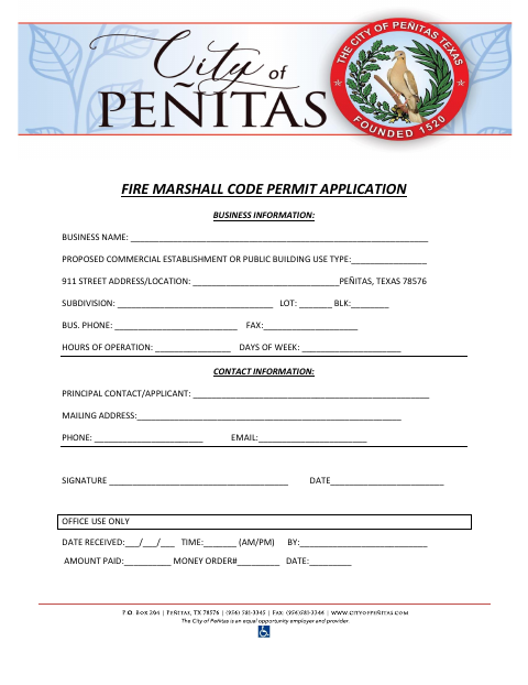 First page of the Fire Marshall Code Permit Application