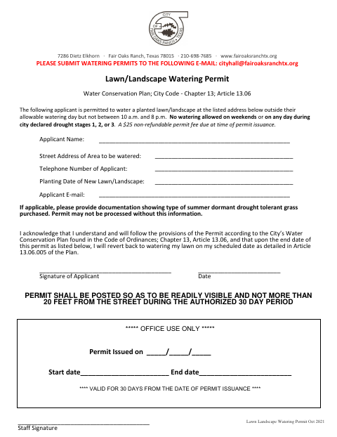 First page of the Lawn Landscape Watering Permit