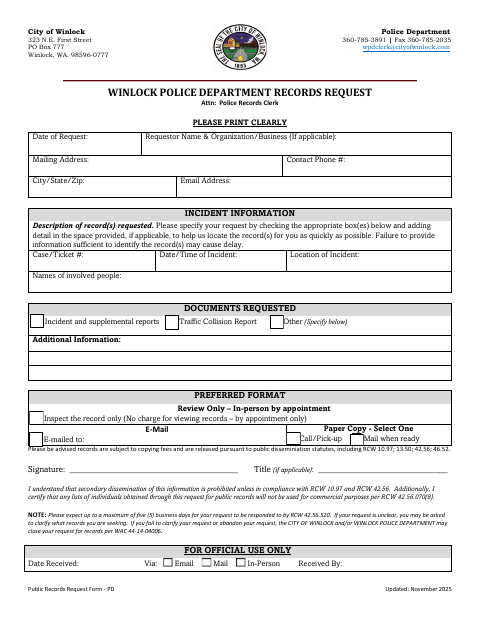 First page of the Public Records Request Form - PD