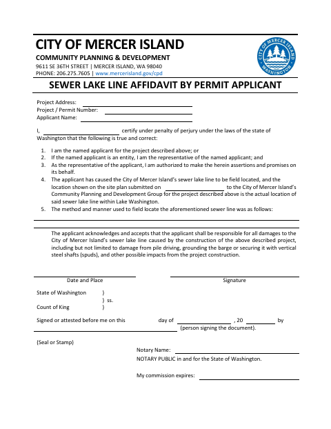 First page of the Sewer Lake Line Affidavit by Permit Applicant
