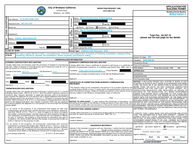 First page of the Application for Building Permit