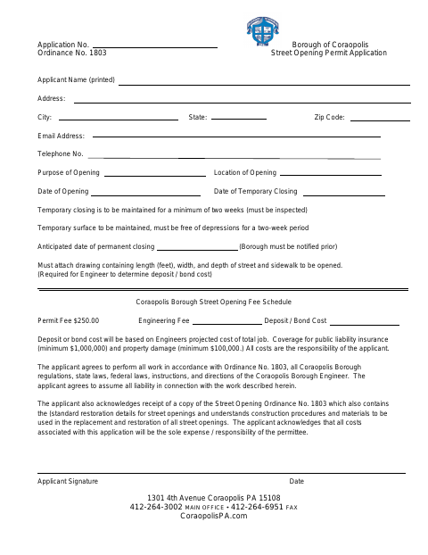 First page of the Street Opening Permit Application