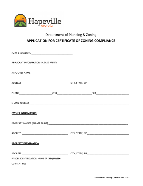 First page of the Application for Certificate of Zoning Compliance