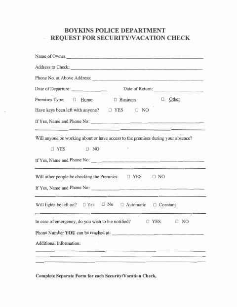 First page of the Request for Security/Vacation Check
