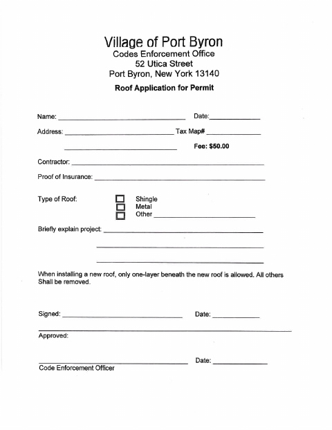 First page of the Roof Application for Permit