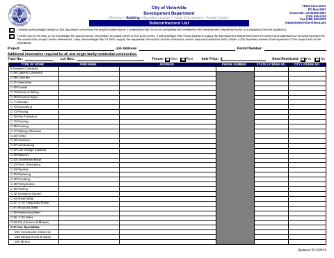 First page of the Subcontractors List