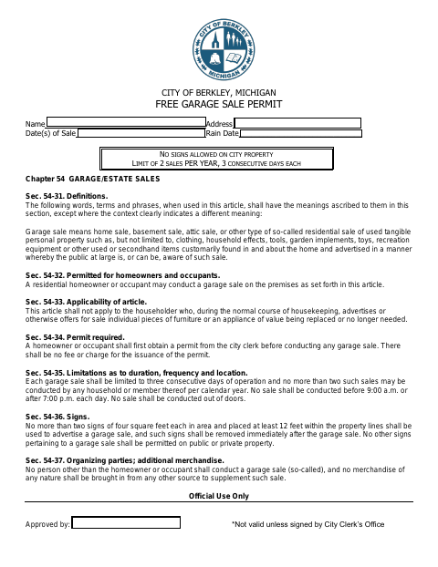 First page of the Garage Sale Permit