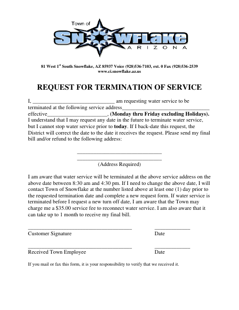 First page of the Request for Termination of Service