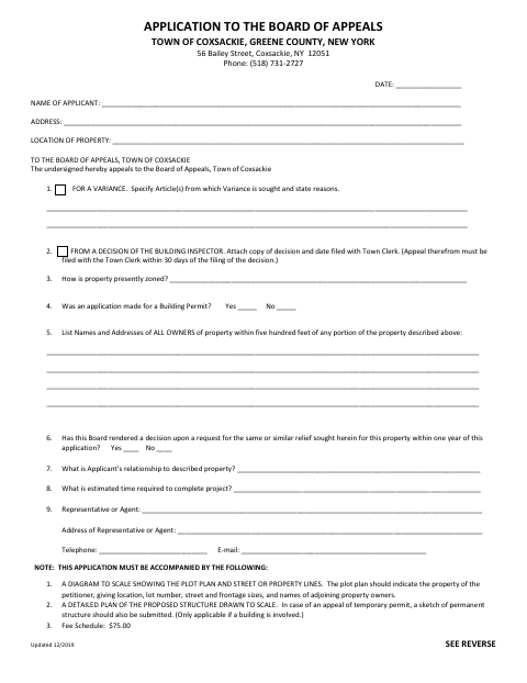 First page of the Board of Appeals Application