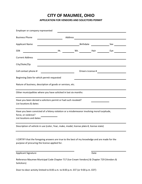 First page of the Application for Vendors and Solicitors Permit