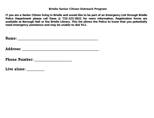 First page of the Senior Citizen Outreach Program Registration