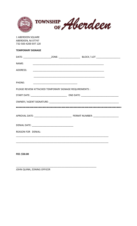 First page of the Temporary Signage Permit