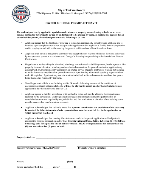 First page of the Owner Building Permit Affidavit