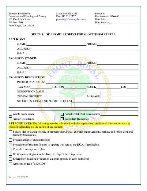 First page of the Special Use Permit Request for Short-Term Rental