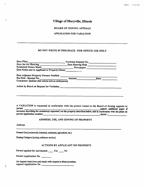 First page of the Board of Zoning Appeals Application for Variation