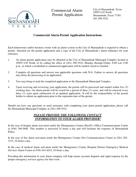 First page of the Commercial Alarm Permit Application
